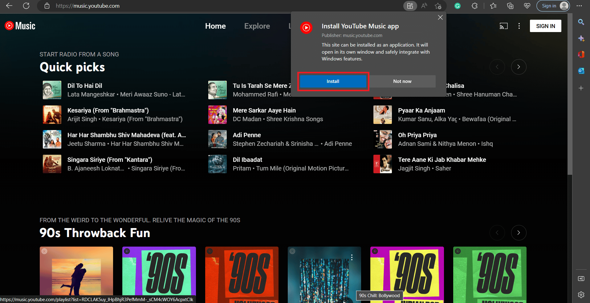 To install YouTube Music on your computer, click on Install in the prompt | How to install YouTube music desktop app Windows
