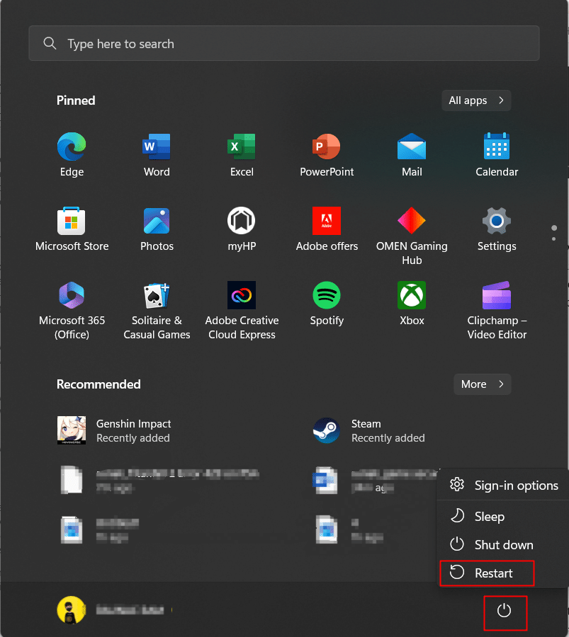 Click on Power icon and select Restart