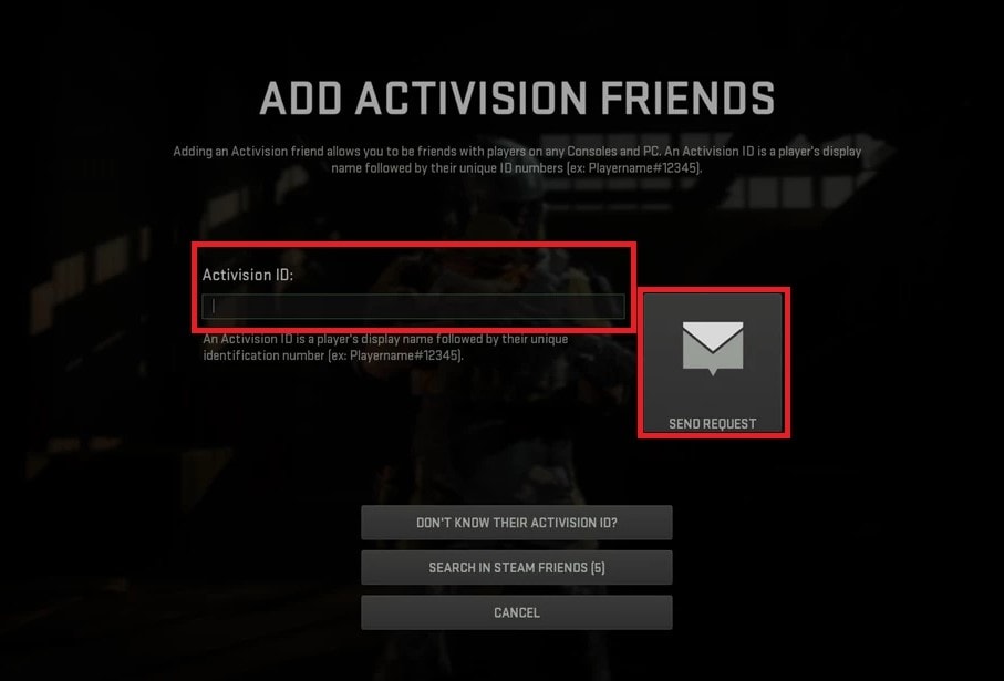 Add in your Activision ID and hit SEND REQUEST. | modern warfare 2 invite to party locked