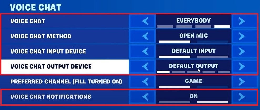 Again move to the Settings menu, and under VOICE CHAT, adjust the following settings | fix game chat audio in Fortnite chapter 4 pc