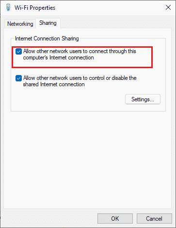 Allow other network users to connect through this computer internet connection in Wifi properties sharing