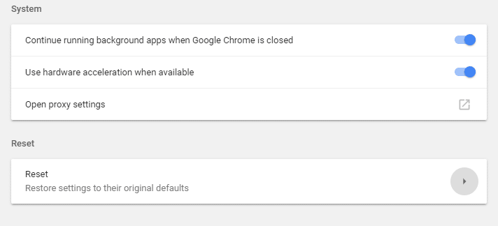 Click on Reset column in order to reset Chrome settings