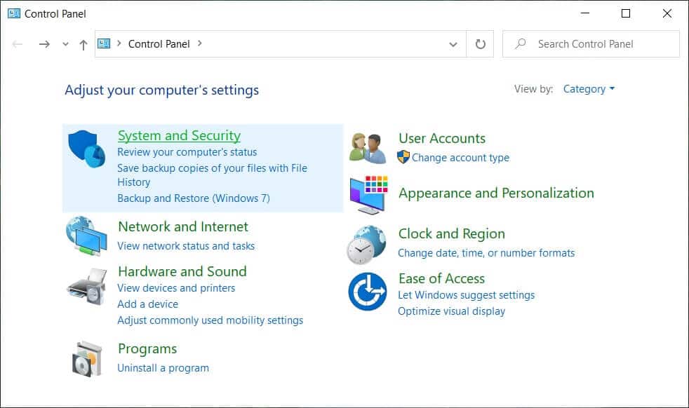 Click on System and Security | Manually Start Automatic Maintenance in Windows 10