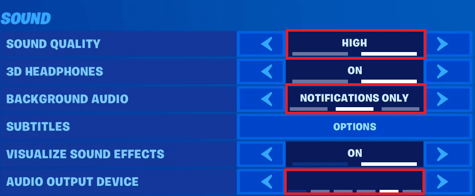 Click on the AUDIO tab and adjust the following SOUND settings | fix game chat audio in Fortnite chapter 4 pc