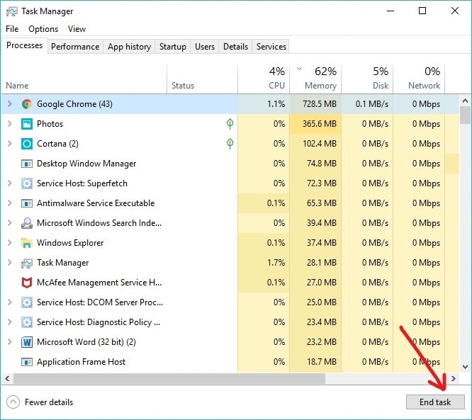 Click on the End Task button present at bottom right corner | Kill Resource Intensive Processes with Task Manager