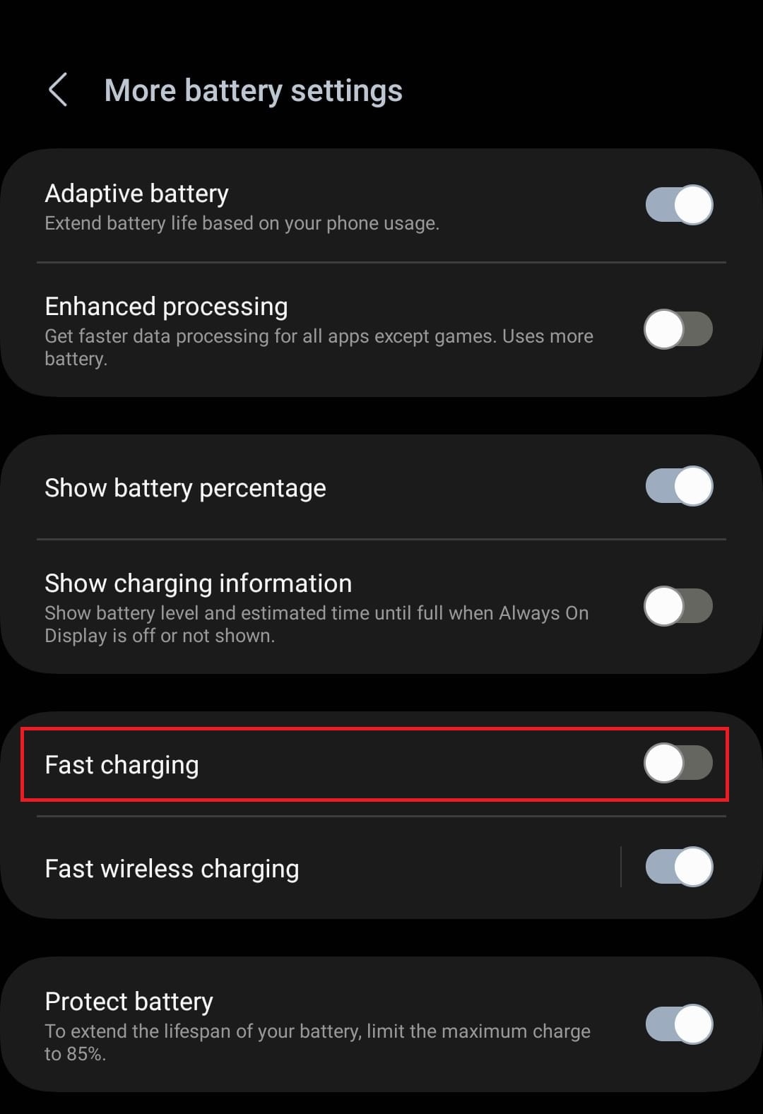Disable the toggle next to Fast charging. | Why does my Samsung phone keep saying there's moisture detected?