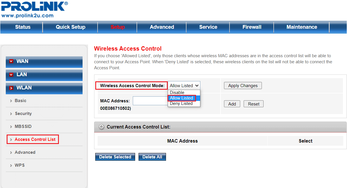Enable the Wireless Access Control option in PROLINK adsl router settings