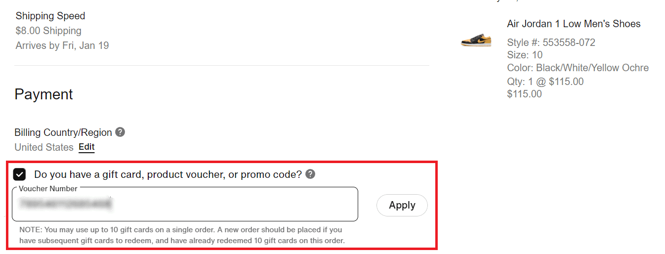 In the Payment, tick the checkbox for Do you have a gift card, product voucher, or promo code. In the Voucher Number text field, enter your 19-digit card number, and click on Apply.