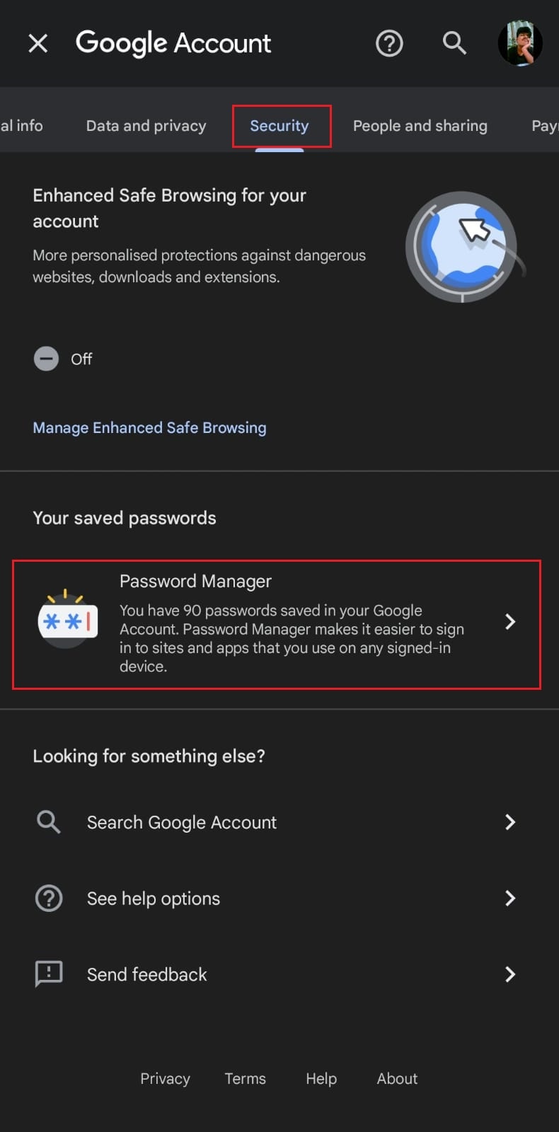 Move to the Security tab and tap on Password Manager under Your saved passwords