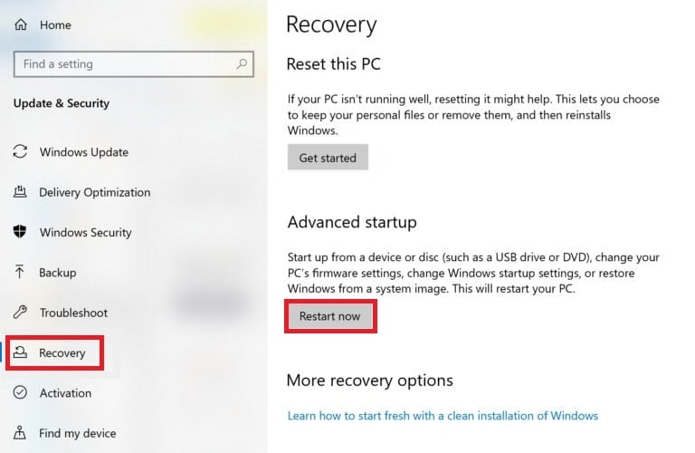 On the left pane click on Recovery. Then, click on Restart Now under Advanced Startup.
