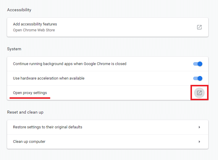 Open Proxy Settings under Google Chrome Settings | Fix The remote device or resource won't accept the connection error