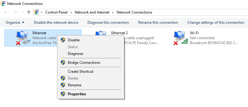 Right-click on Ethernet or Local Area Network