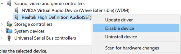 Right-click on Realtek HD Audio Device and select Disable