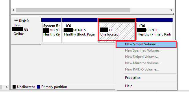 Right-click on the Unallocated space - click on New Simple Volume...