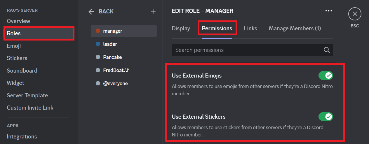Scroll down and toggle off the Use External Emojis and Use External Stickers permission | How to Disable GIFs on Discord