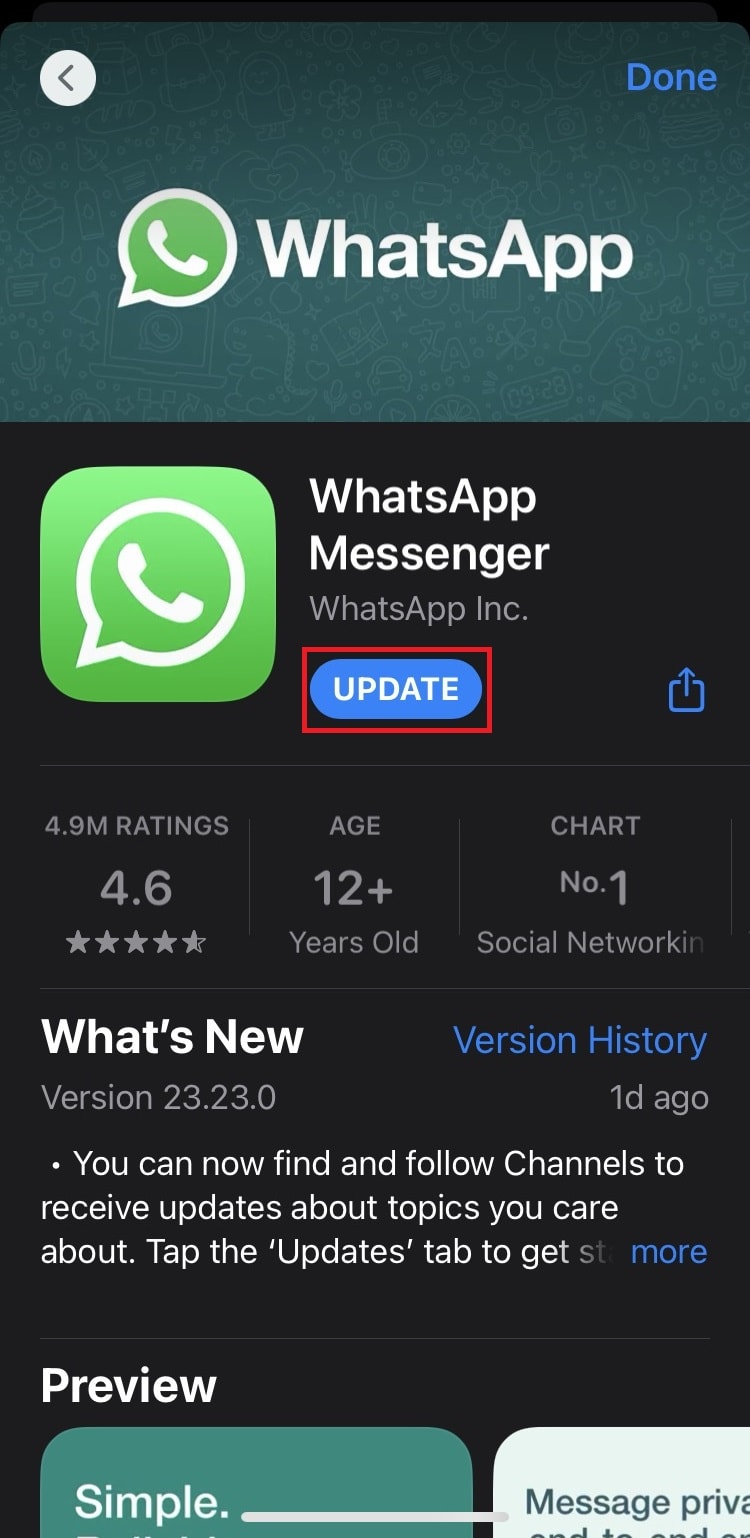 Scroll down, select WhatsApp Messenger and tap on Update.