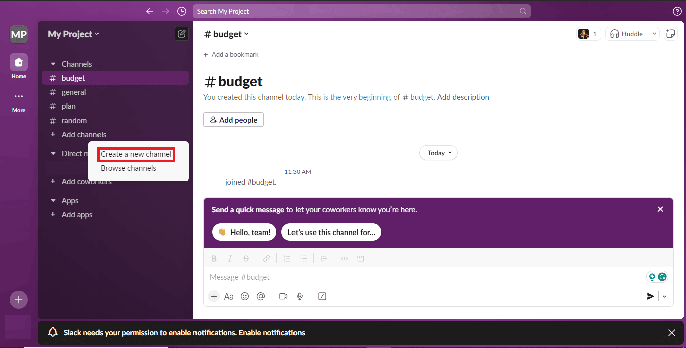 Select Create a new channel from the dropdown menu