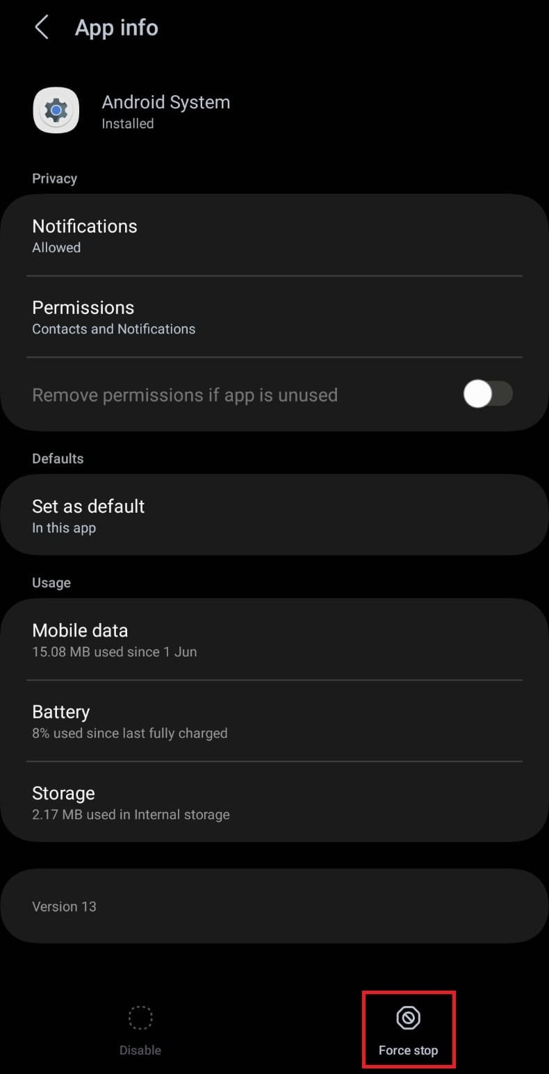 Select Force stop at the bottom | Why does my Samsung phone keep saying there's moisture detected?