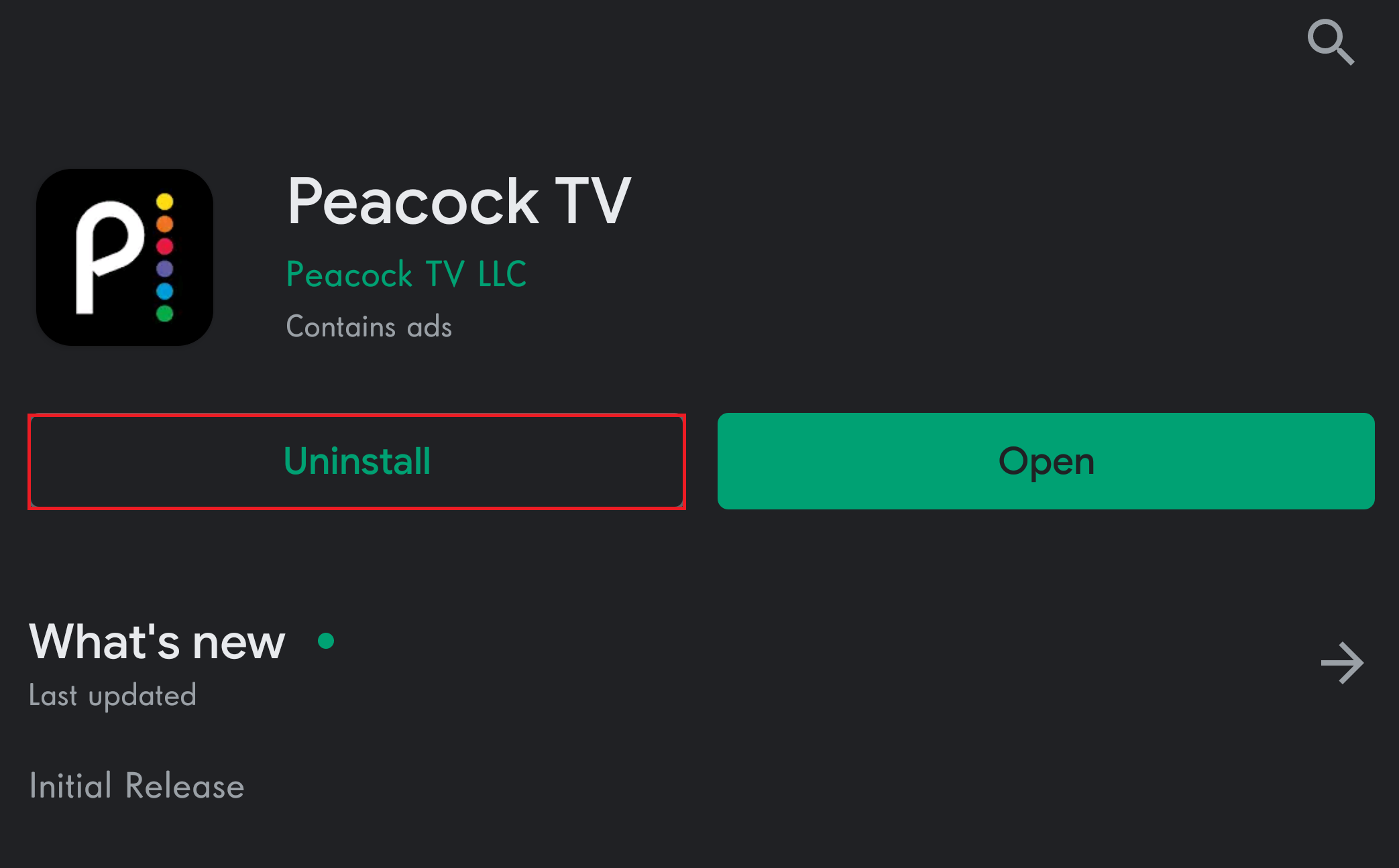 Select Uninstall for Peacock app