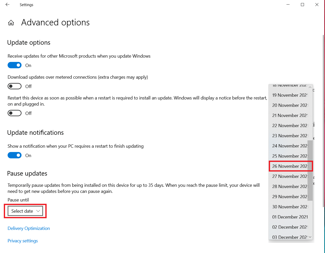 Settings Update and security Advanced options