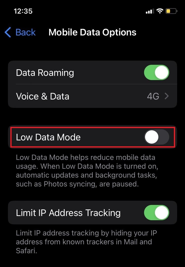 Slide the toggle next to Low Data Mode to turn it off.