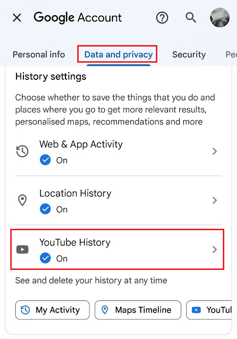 Switch to the Data and privacy tab and tap on YouTube History