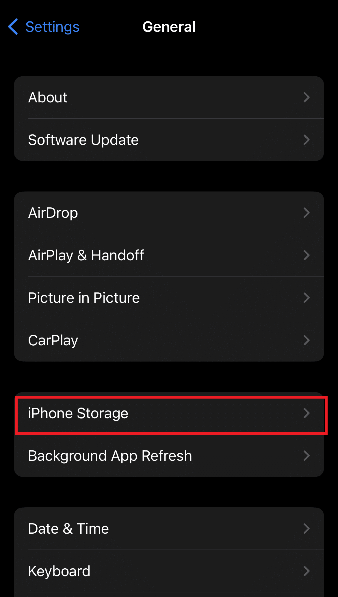 Tap on iPhone Storage
