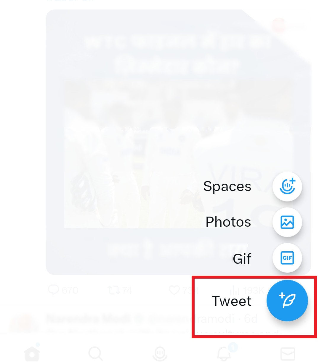 Tap on the + icon and choose Tweet from the options on your screen
