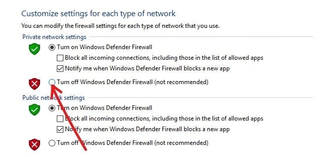 To turn off Windows Defender Firewall for Private network settings