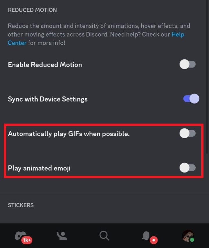 Toggle off Automatically play GIFs when possible and Play animated emoji. | How to Disable GIFs on Discord