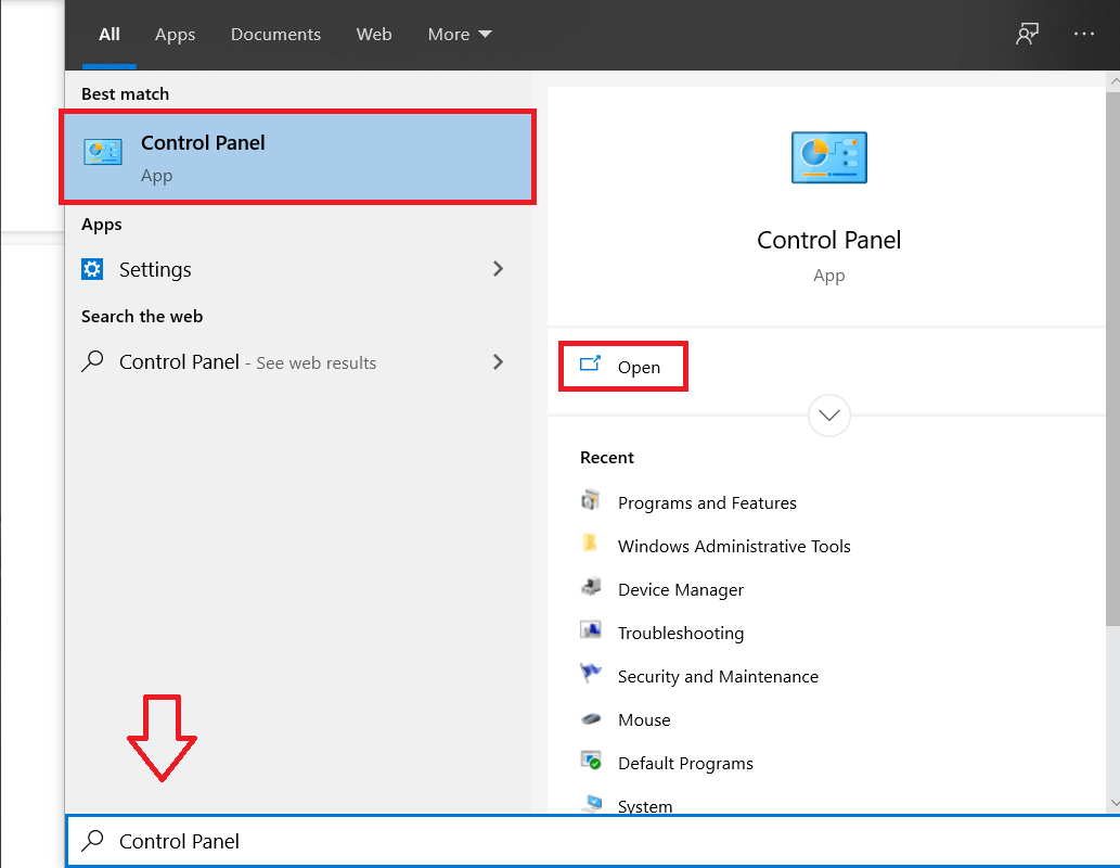 Type Control Panel in the search bar and press enter | Disable Automatic Maintenance in Windows 10
