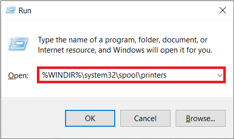 Type %WINDIR%\system32\spool\printers in command box and press OK