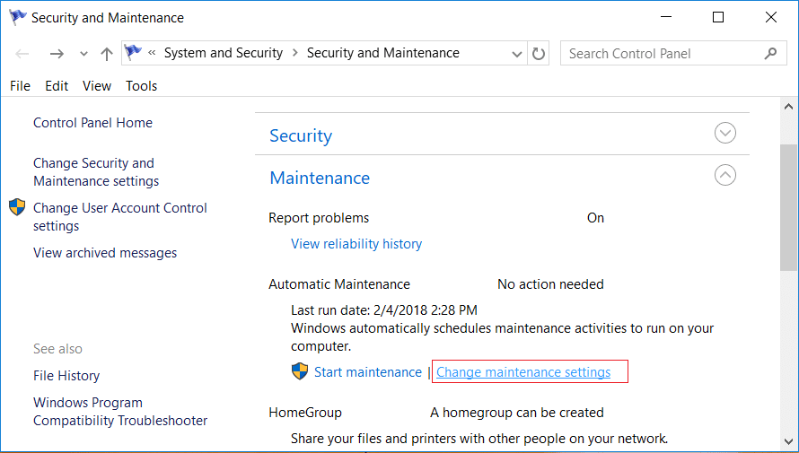 Under Maintenance click on Change maintenance settings