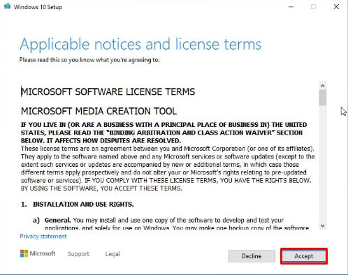 After license terms show up, click on Accept.