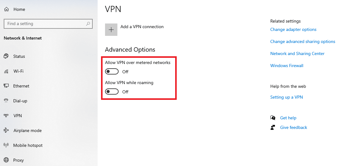 Allow VPN over metered networks Allow VPN while roaming