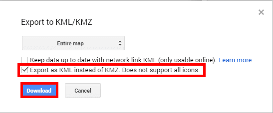 Check the box to select the KML format instead of KMZ and click on the Download button | How To Download KML File From Google Maps