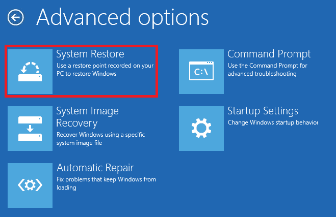 Click on Advanced options and then System Restore | Windows 11 System Restore from Boot