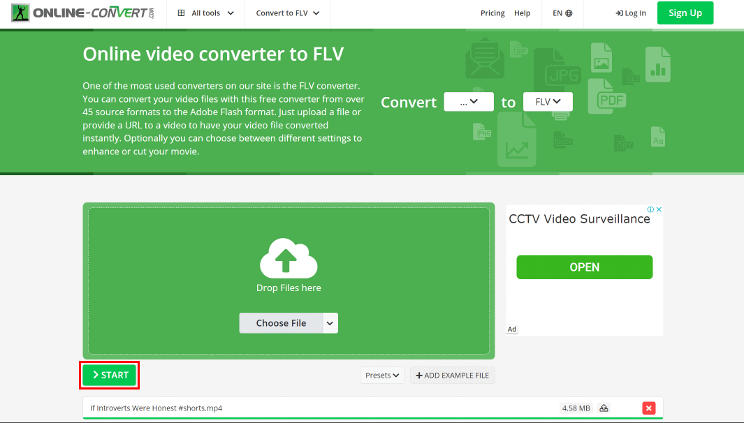 Click on Start to start the video conversion to FLV.