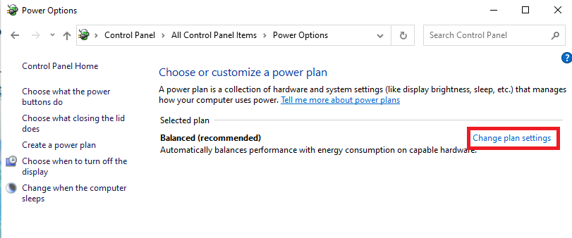 Click on the Change plan settings option in the Selected plan section