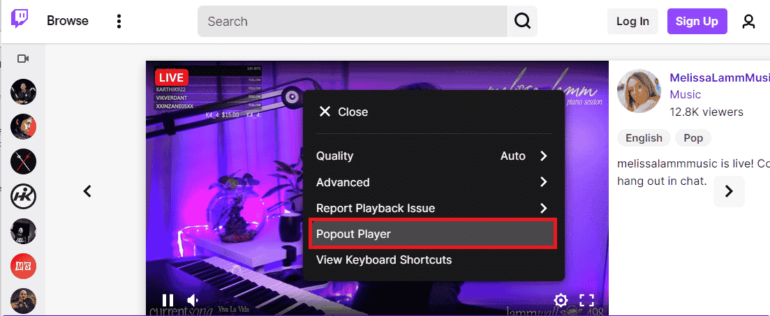 Click on the Popout Player option