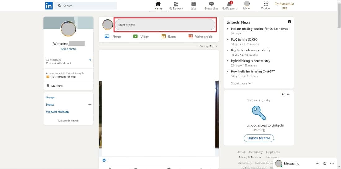 Click on the Start a post button. | How to Post a YouTube Video on LinkedIn