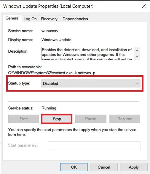 click on the ‘Stop’ button and change the startup type to ‘Disabled’ |12 ways to increase your Internet Speed on Windows 10