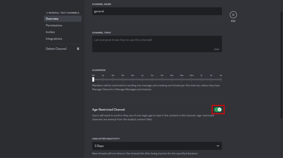 Click on the toggle switch beside the Age-Restricted Channel option to turn it off. | How to Disable NSFW Restrictions on Discord