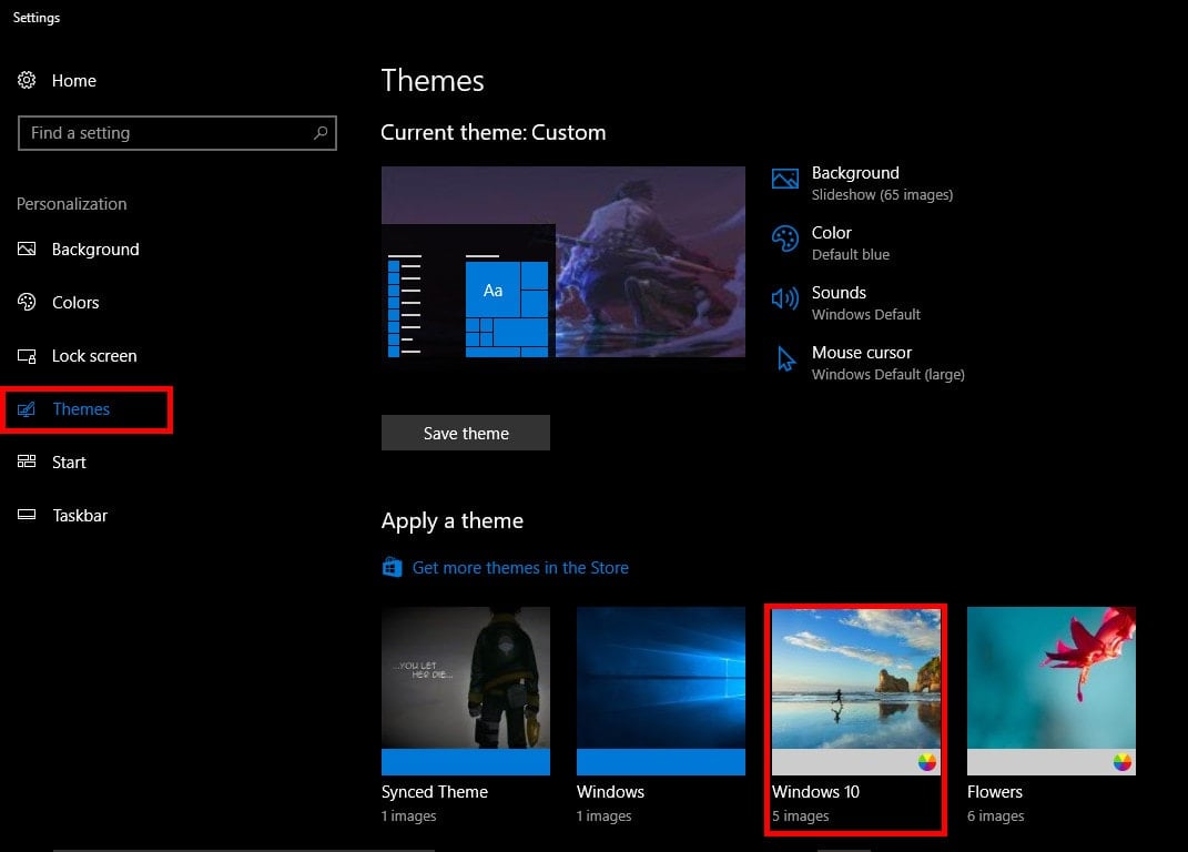 Click on Themes and choose Windows 10 under Apply a theme | File System Error 1073741819 on Windows 10