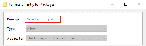 click select a principal in advanced security settings of packages