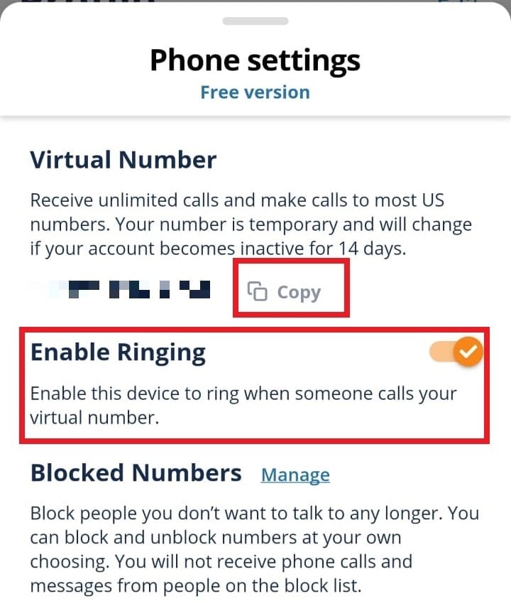 Copy the given virtual number and toggle on Enable Ringing.
