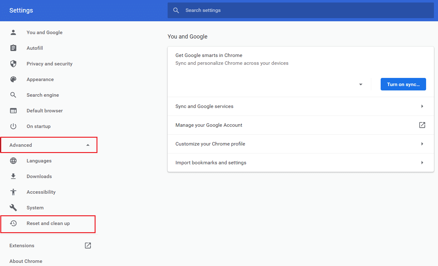expand advanced menu and select reset and clean up option in google chrome settings