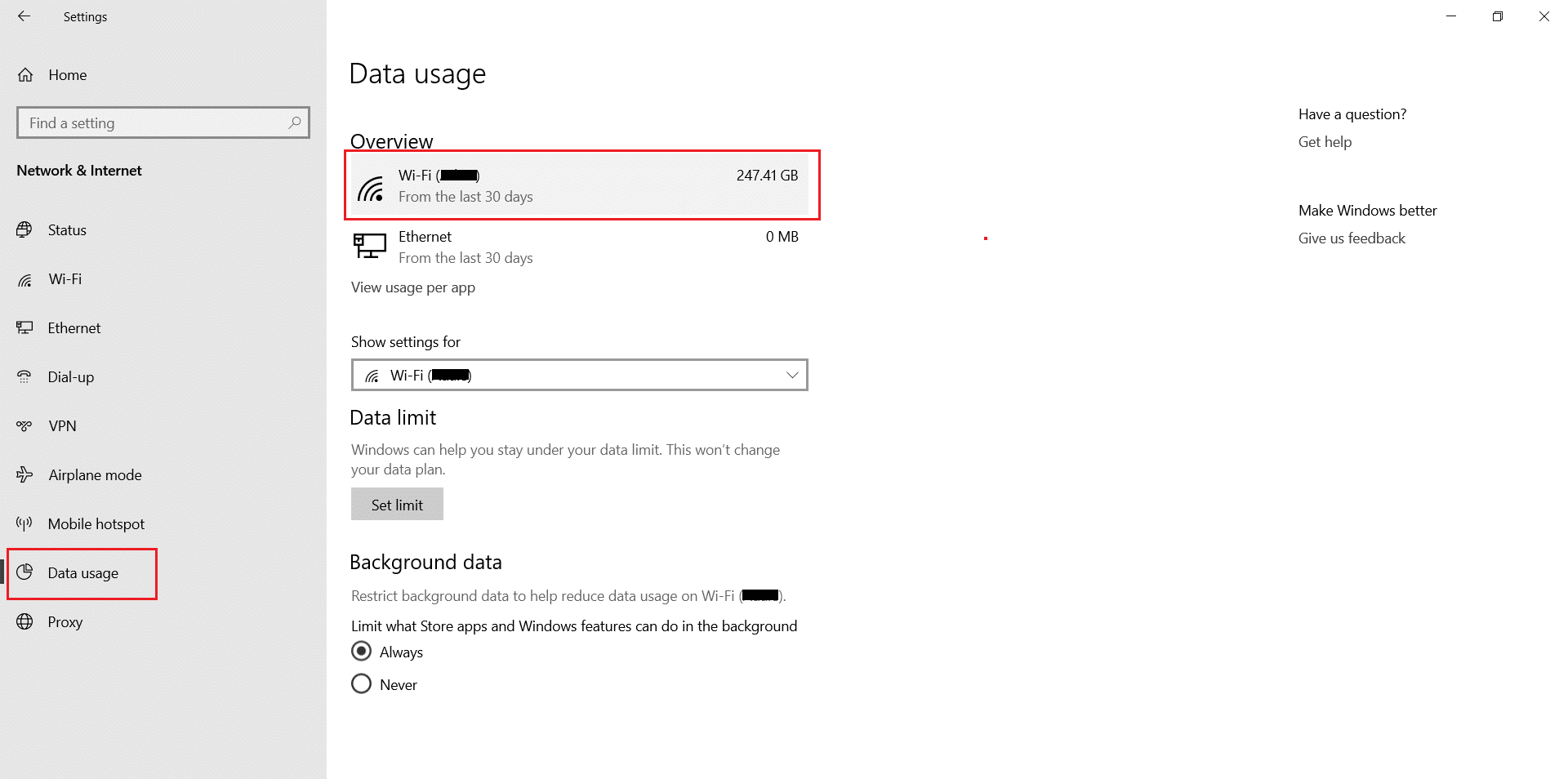 go to data usage in network and security at Windows Settings