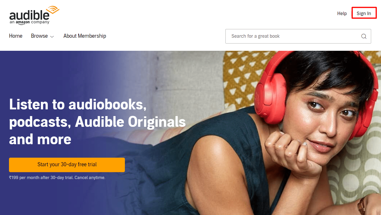Go to the official Audible website and click on Sign In.