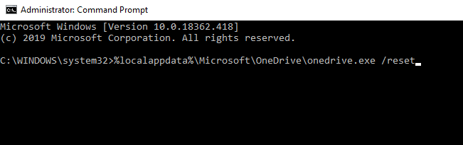 Type the command mentioned below in the command prompt and hit enter. %localappdata%\Microsoft\OneDrive\onedrive.exe /reset
